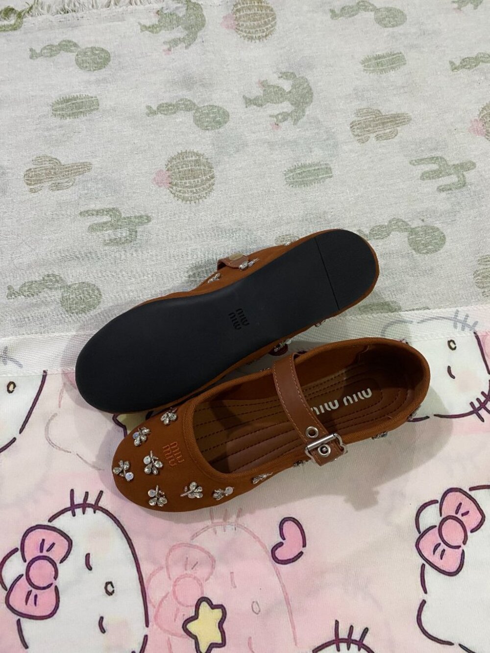 Miu Miu Embroidered Twill Ballet Mary Jane Flats - Picture 6 of 9